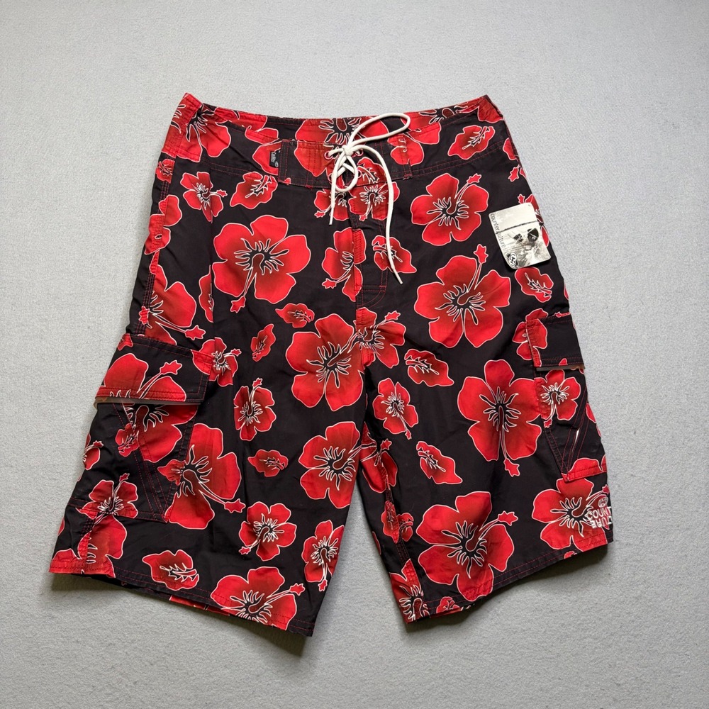 Counter Culture Board Shorts Mens 31 Black Red Hibiscus Floral Vintage Y2K‎ NWT